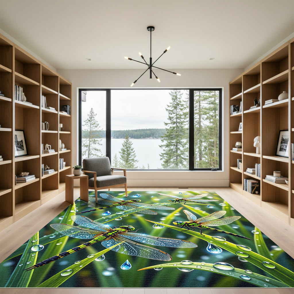 Lush Green Dragonfly Morning Dew Meadow Rug