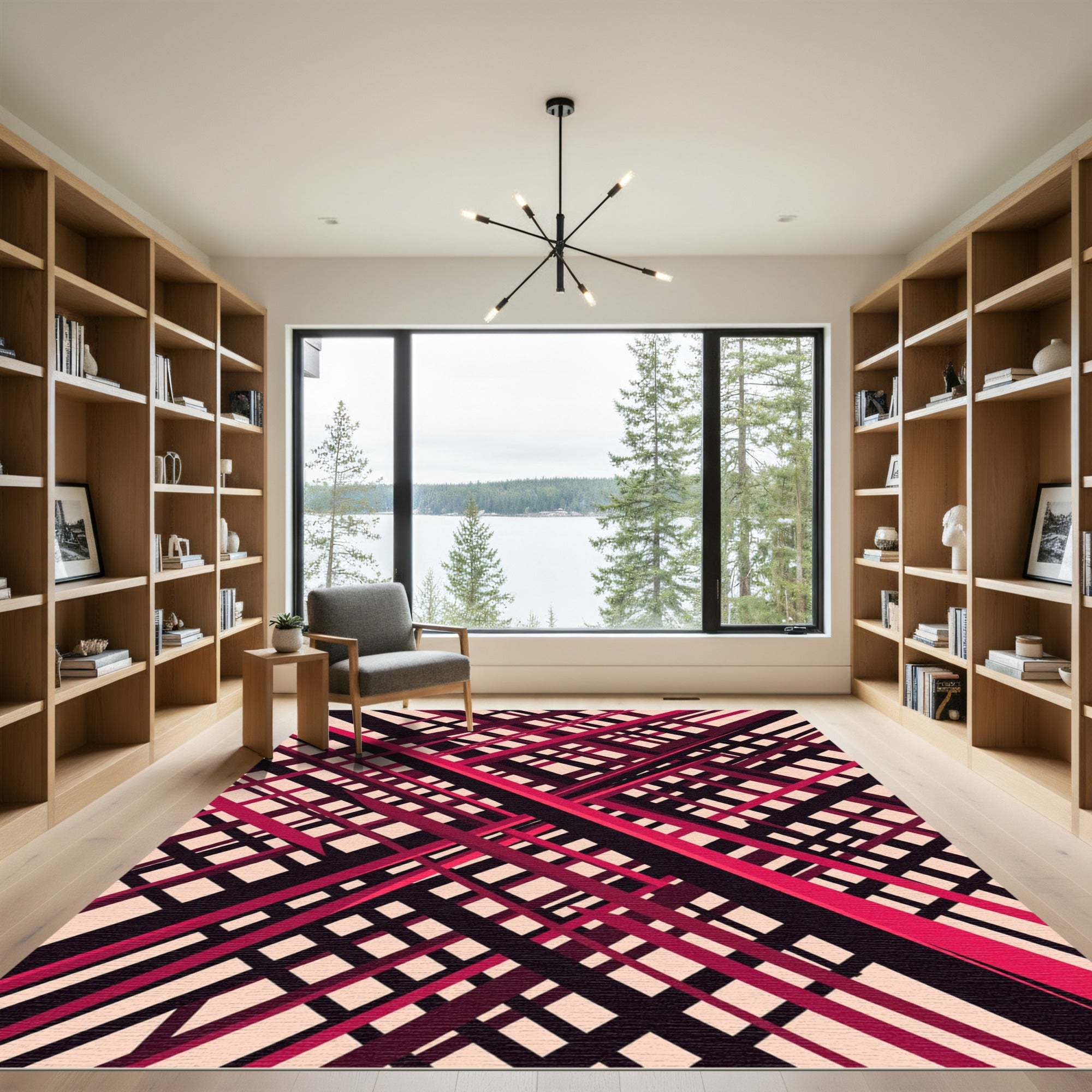 Modern Crimson Black Linear Grid Rug