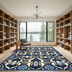 Elegant Navy Gold Lantern Geometric Tile Rug