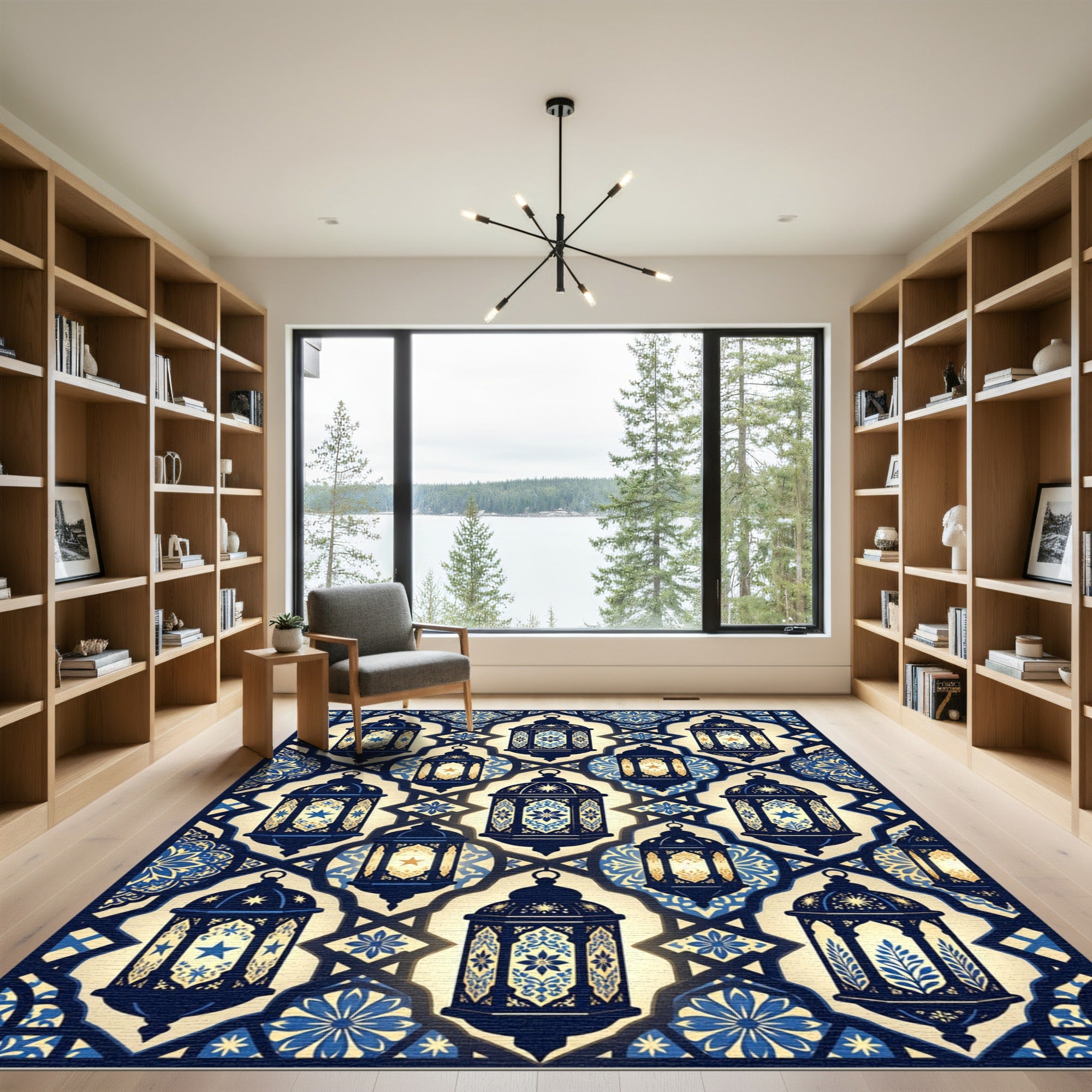 Elegant Navy Gold Lantern Geometric Tile Rug