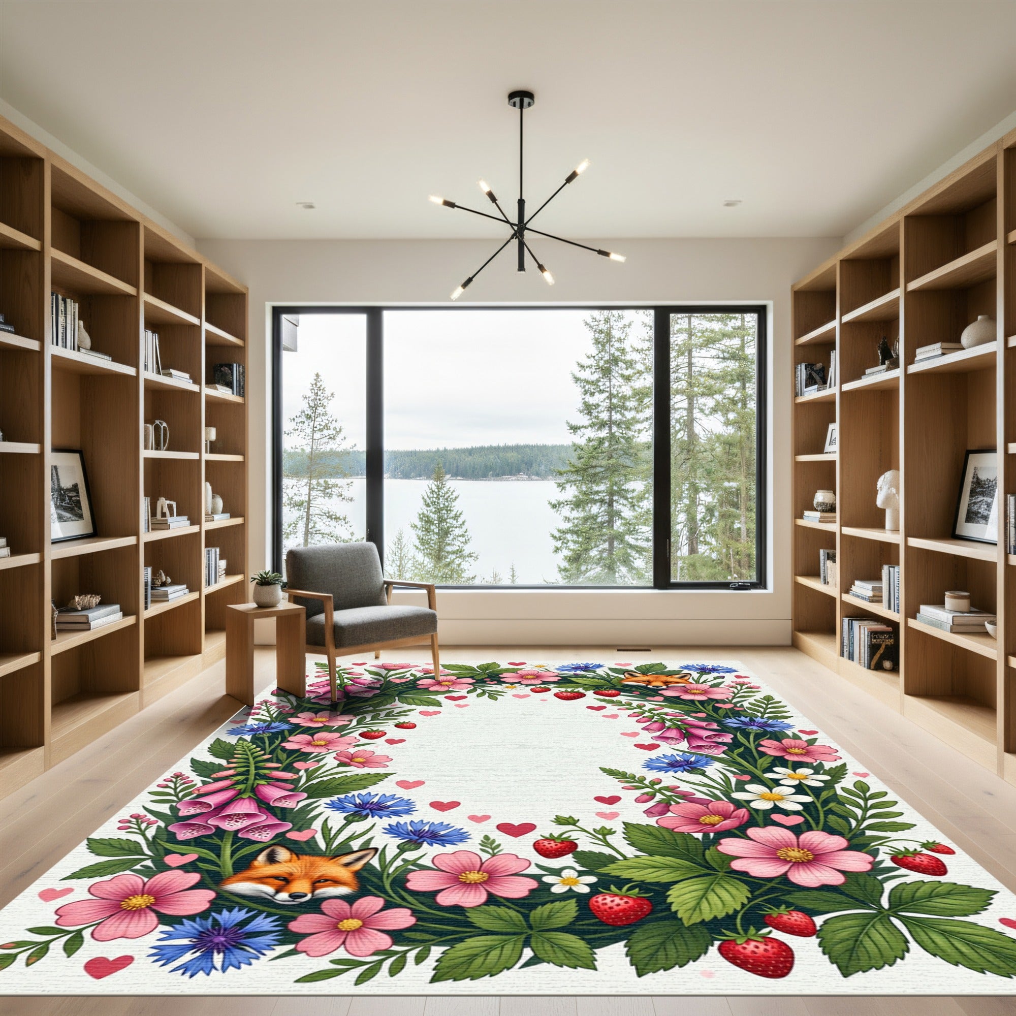 Whimsical Fox Floral Garden Heart Frame Rug