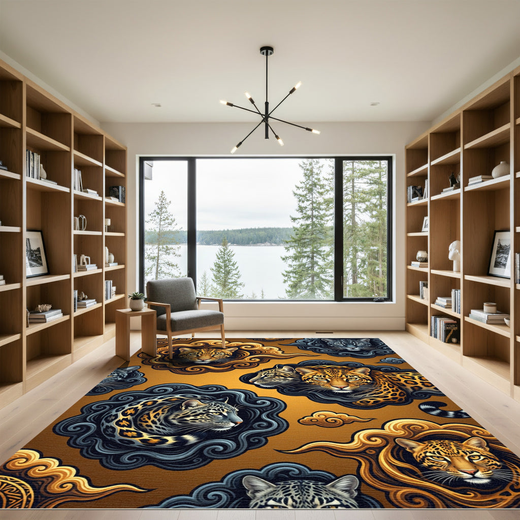 Golden Leopard Clouds and Slate Ink Swirls Rug