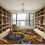 Golden Leopard Clouds and Slate Ink Swirls Rug