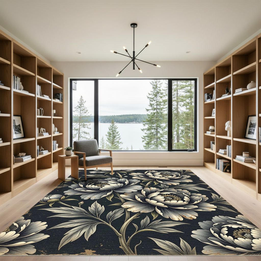 Elegant Charcoal Peony Botanical Arrangement Rug