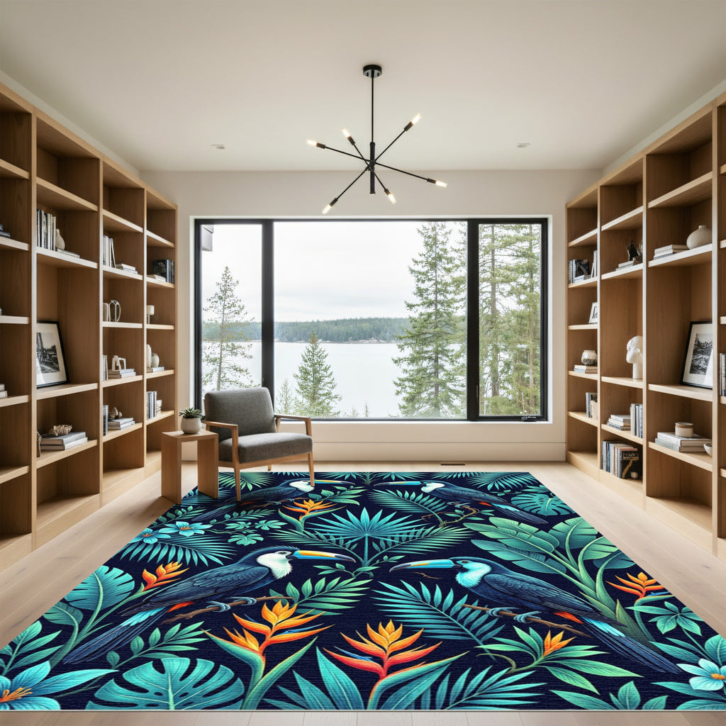 Lush Tropical Toucan Jungle Foliage Rug