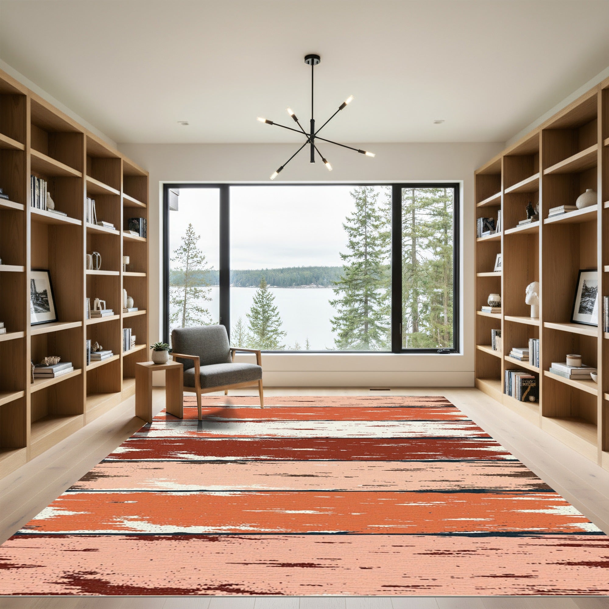 Rustic Distressed Ochre Orange Striped Rug