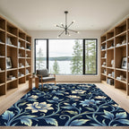 Elegant Navy Blue Serpentine Floral Vine Rug