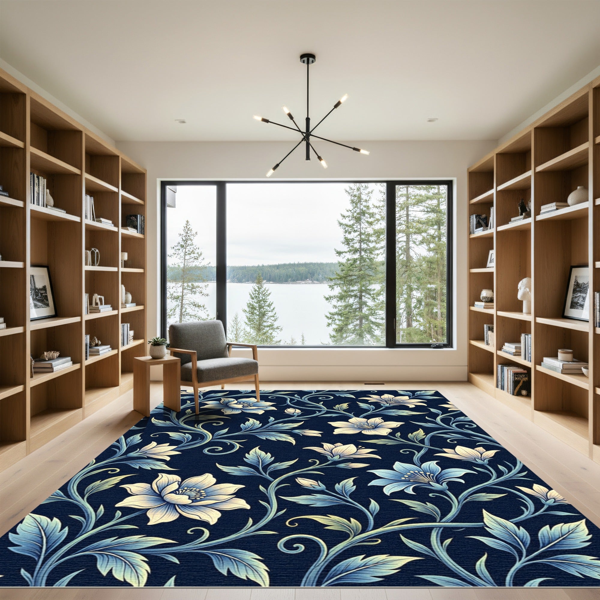 Elegant Navy Blue Serpentine Floral Vine Rug