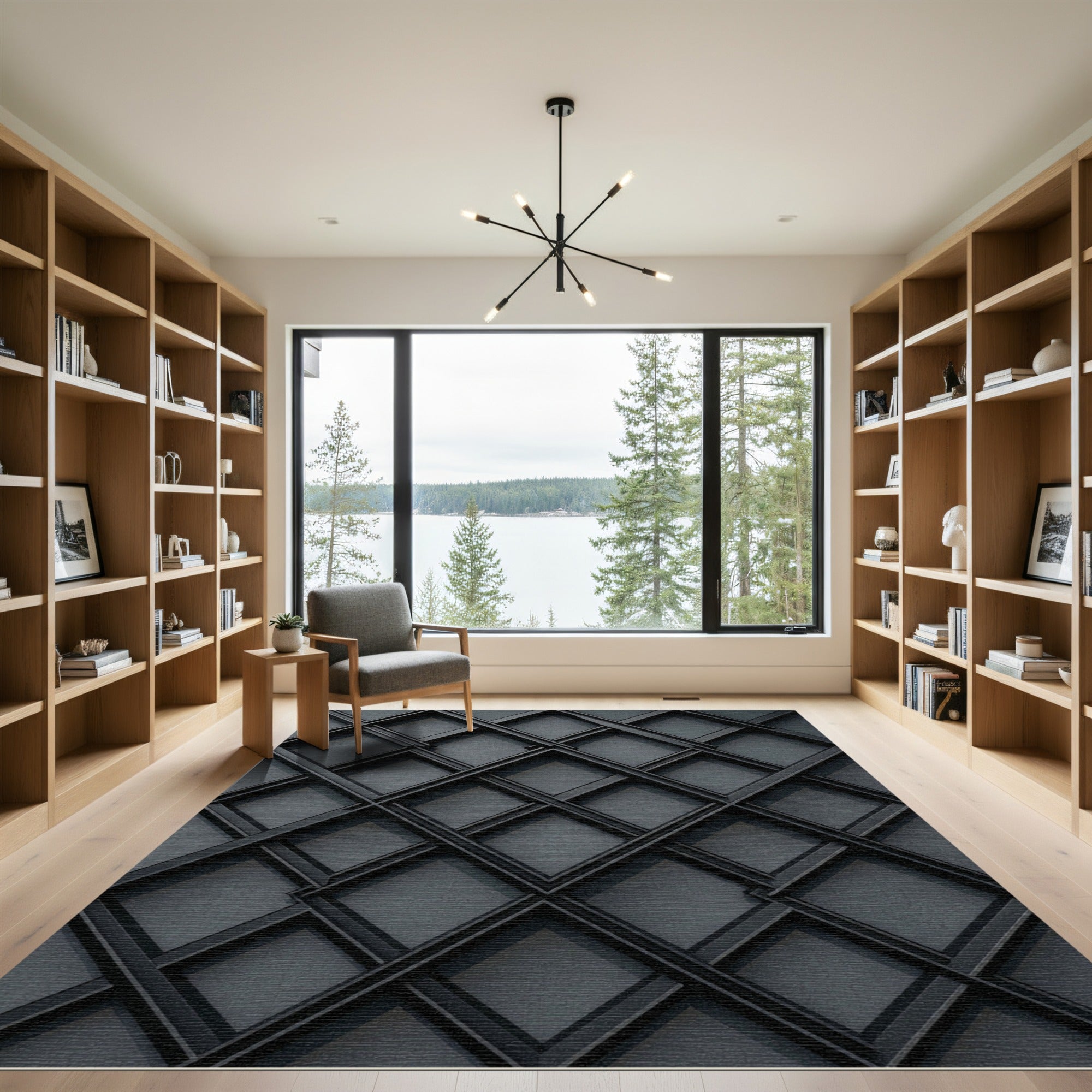 Sophisticated Charcoal Geometric Lattice Rug