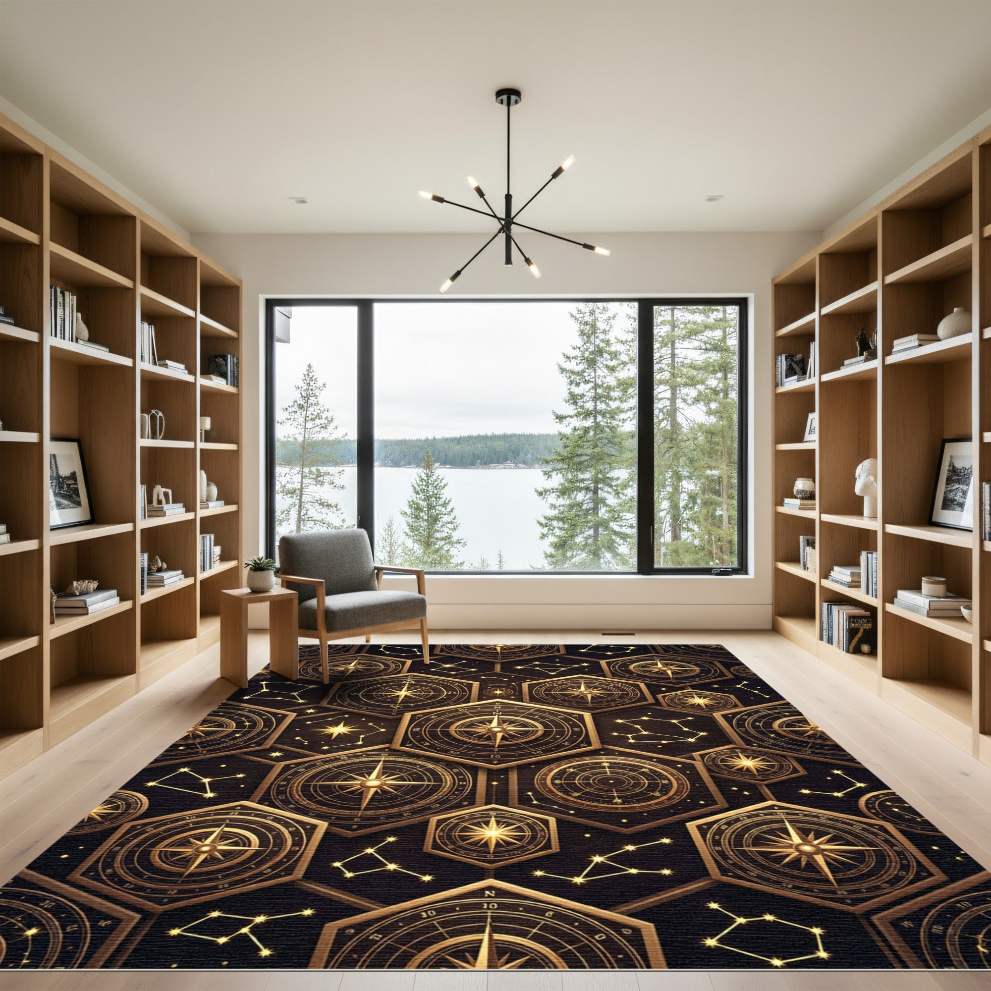 Golden Constellation Compass Hexagons Rug