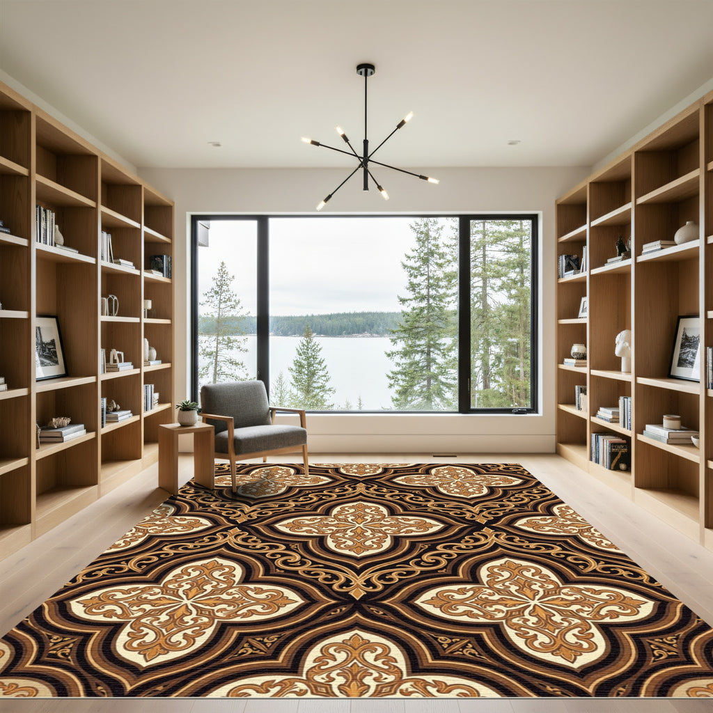Ornate Gold Arabesque Damask Scroll Rug