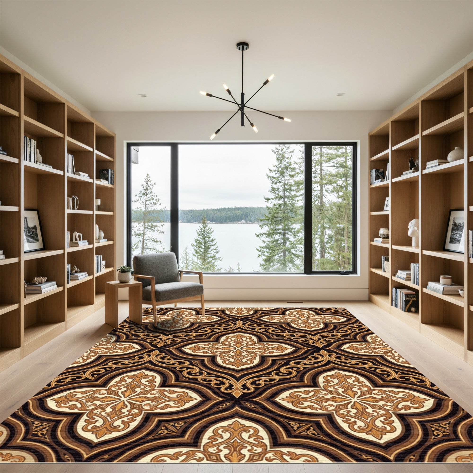 Ornate Gold Arabesque Damask Scroll Rug