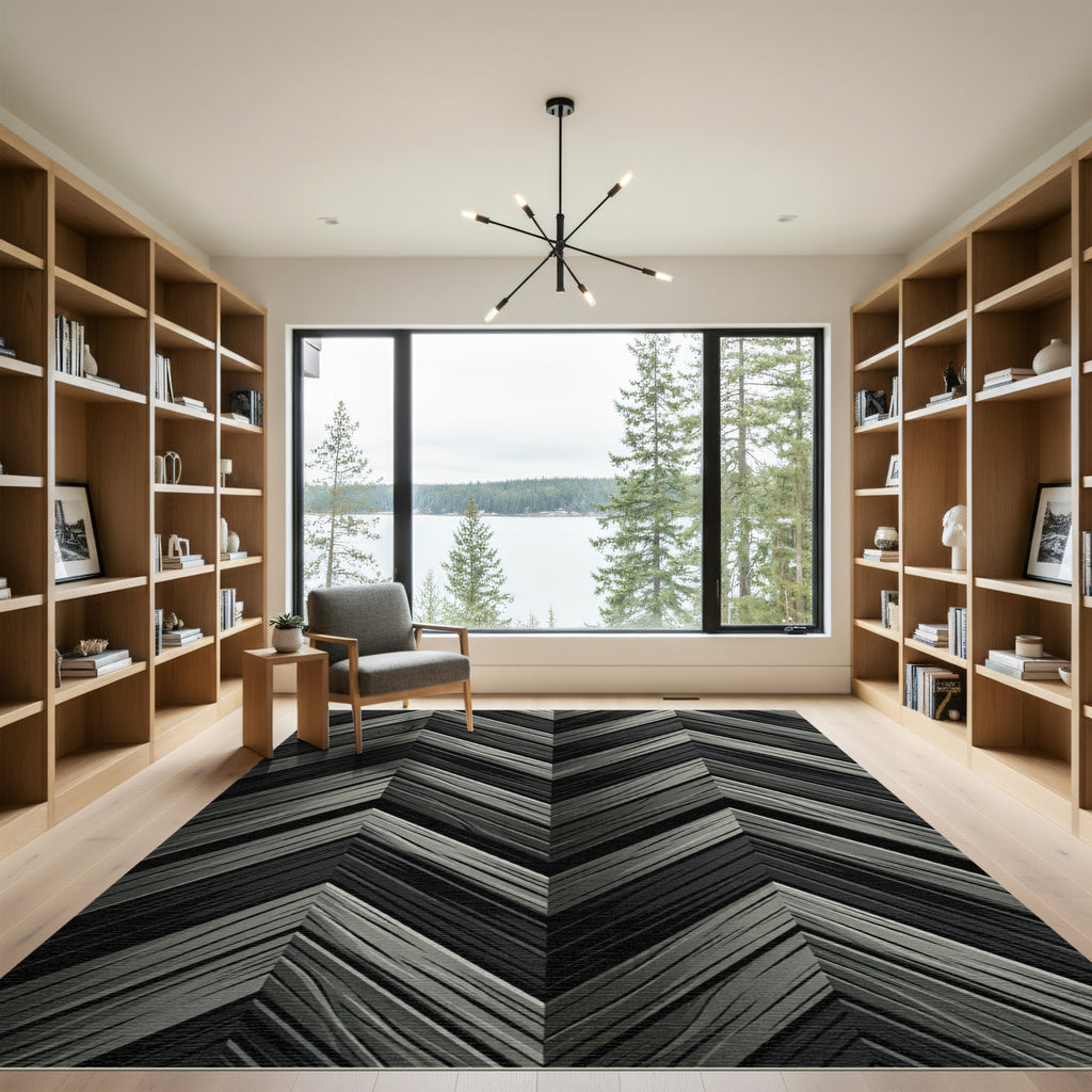 Dark Gray Wood Grain Chevron Rug