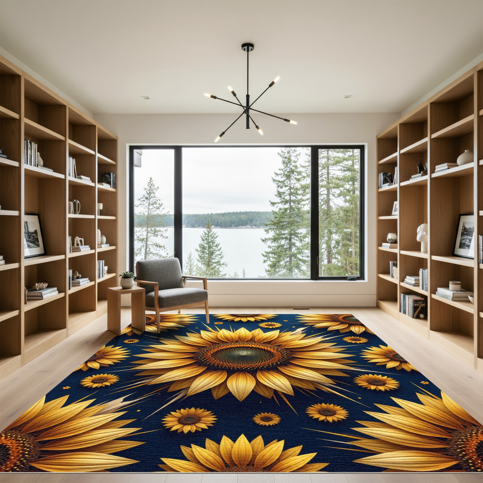 Radiant Golden Sunflowers on Navy Blue Rug