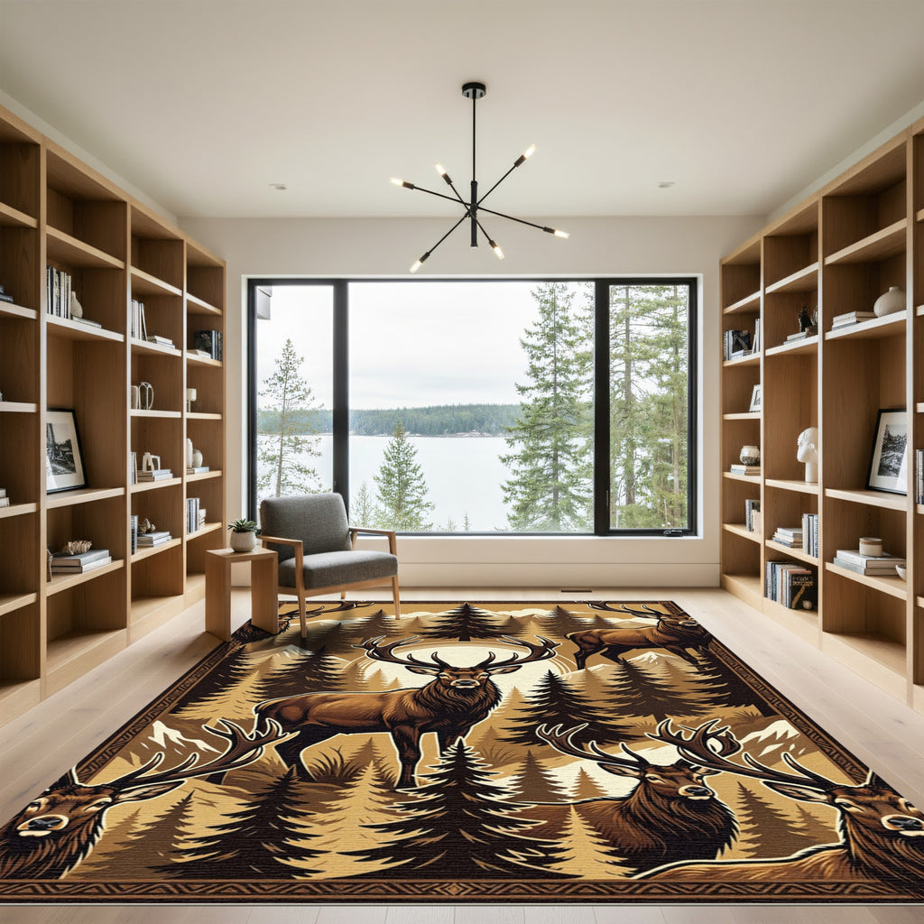 Rustic Brown Elk Mountain Forest Landscape Rug