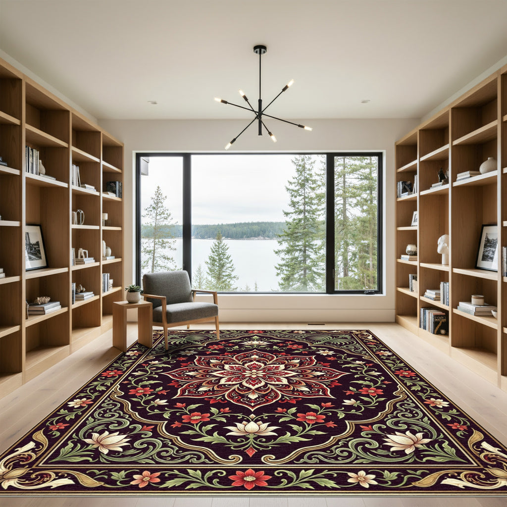 Ornate Crimson Floral Medallion Square Rug