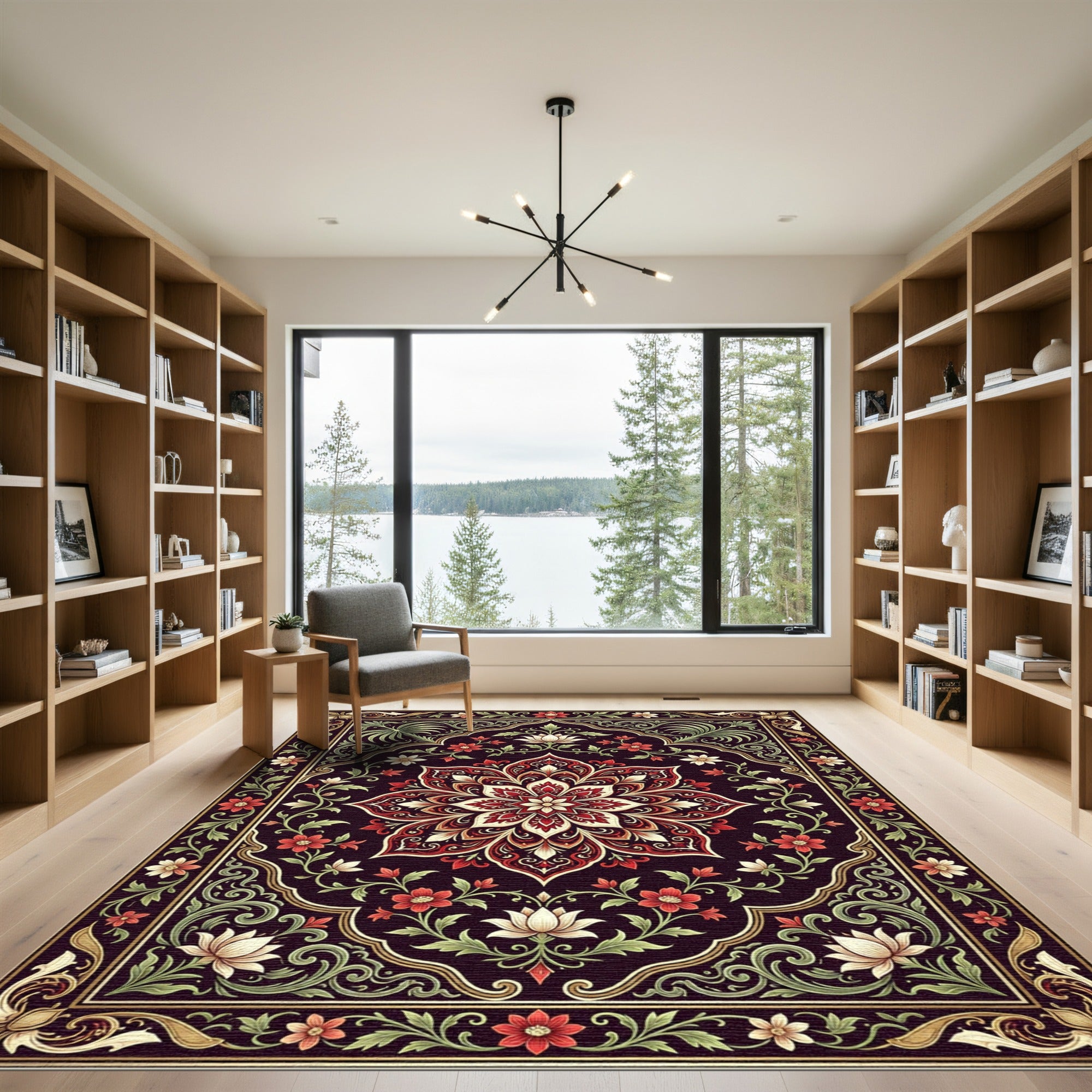 Ornate Crimson Floral Medallion Square Rug