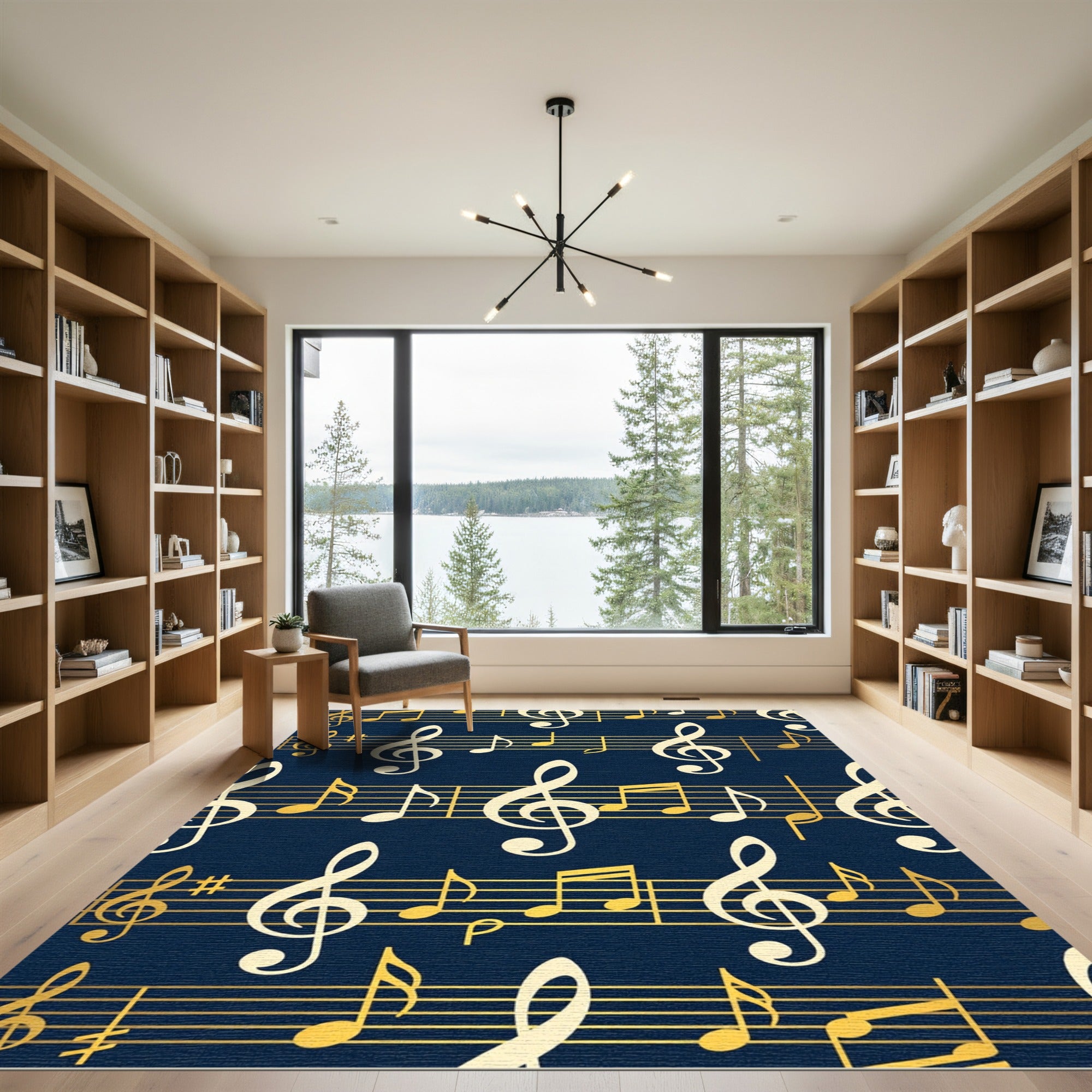 Golden Treble Clef Navy Musical Notes Rug