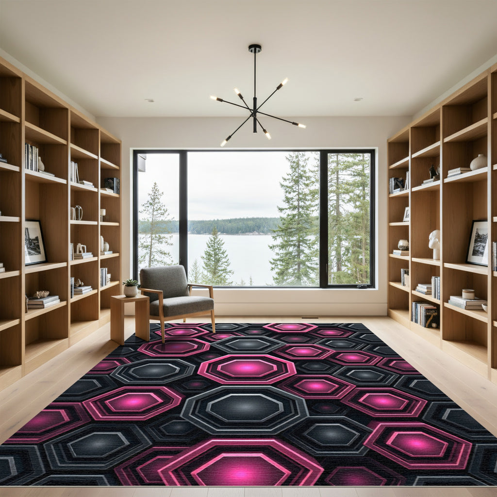 Neon Pink and Charcoal Geometric Hexagon Rug