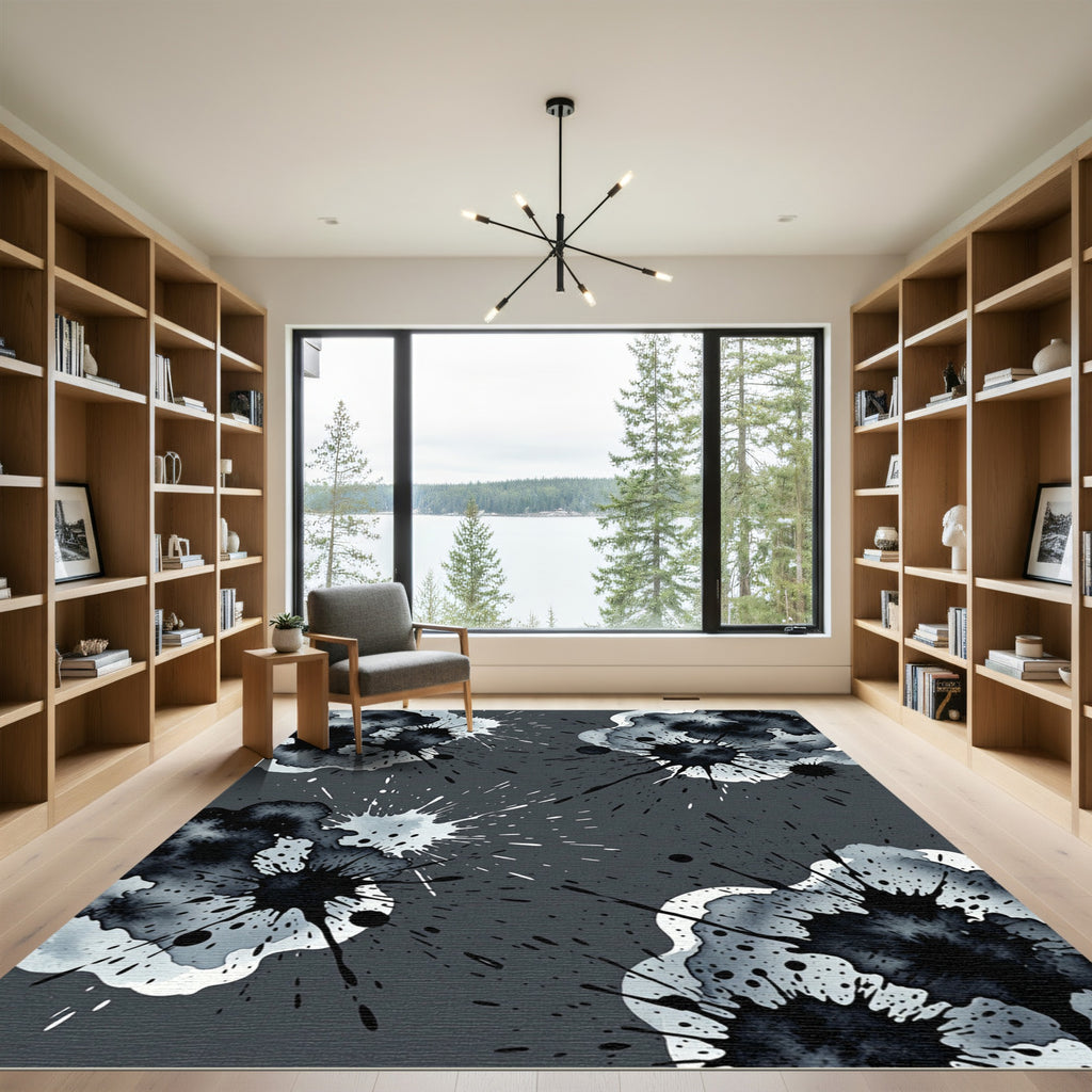 Modern Monochrome Ink Splatter Artful Rug