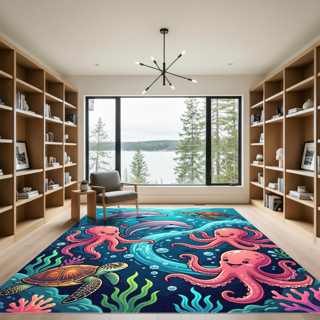 Playful Underwater Sea Life Ocean Scene Rug