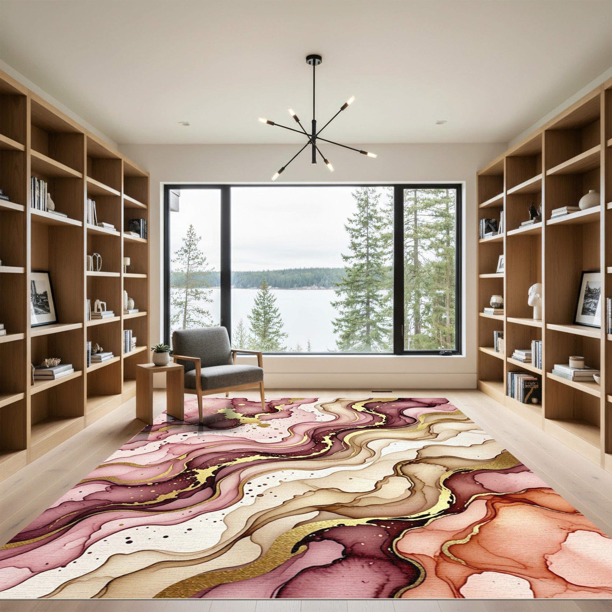 Abstract Burgundy Blush Gold Fluid Wave Rug