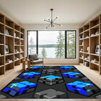 Electric Blue Pixelated Abstract Geometric Cube Rug