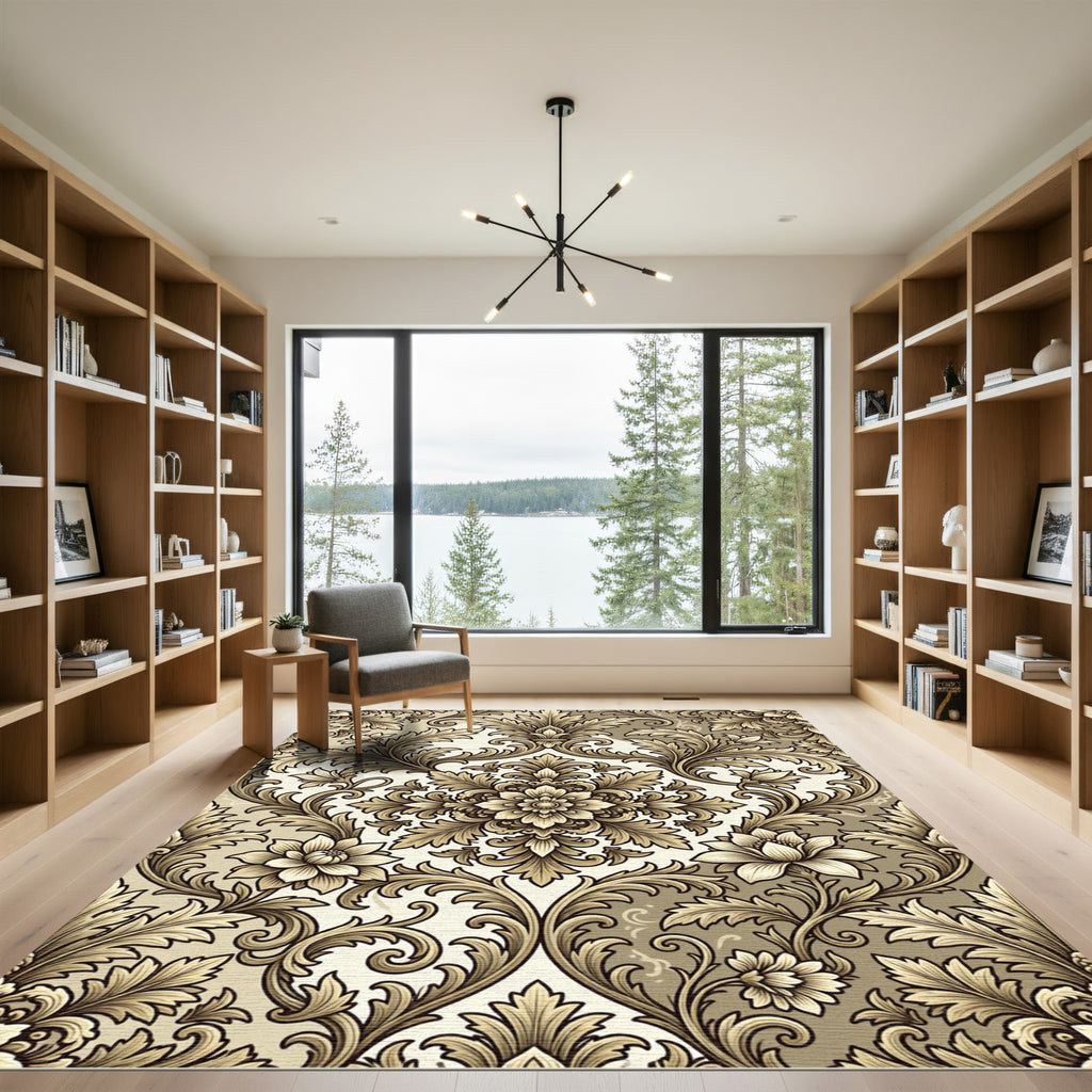 Elegant Cream and Gold Damask Swirl Rug