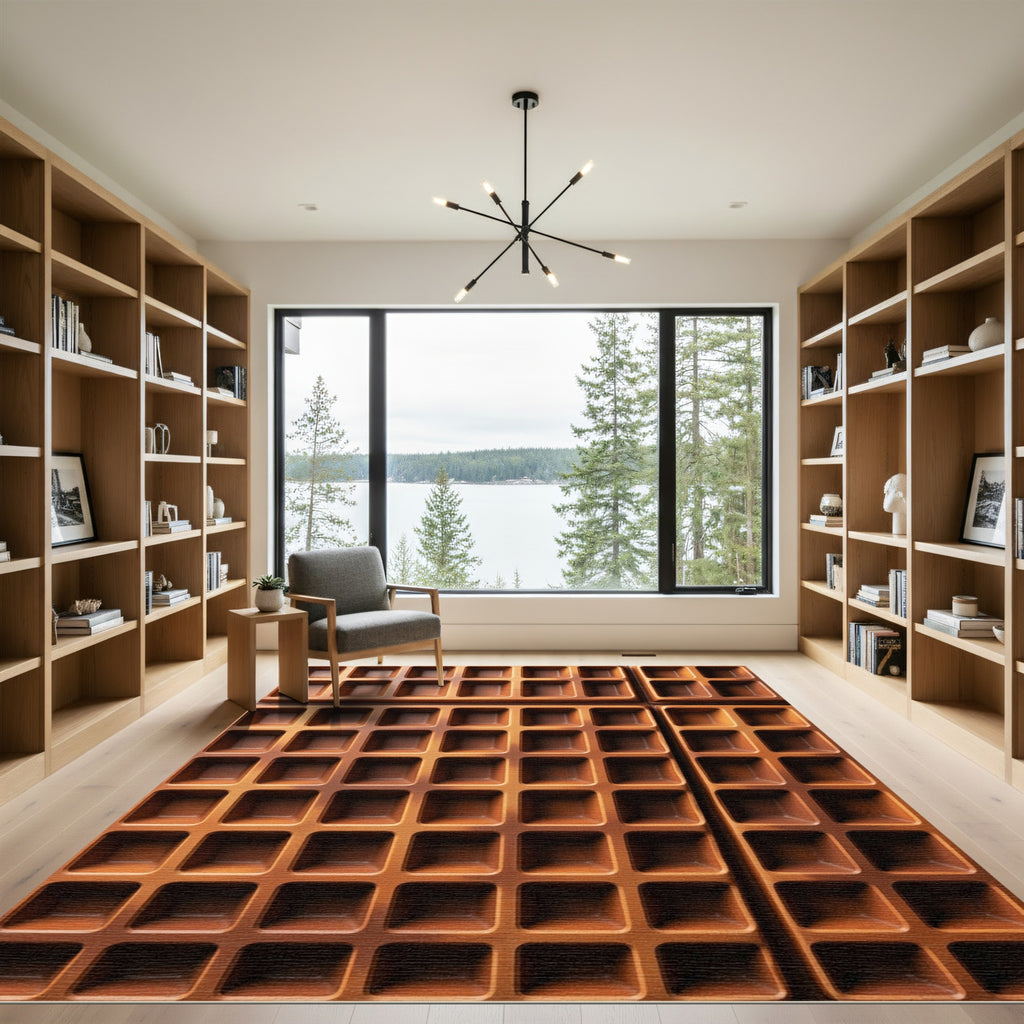 Terracotta Grid Textured Structured Square Rug