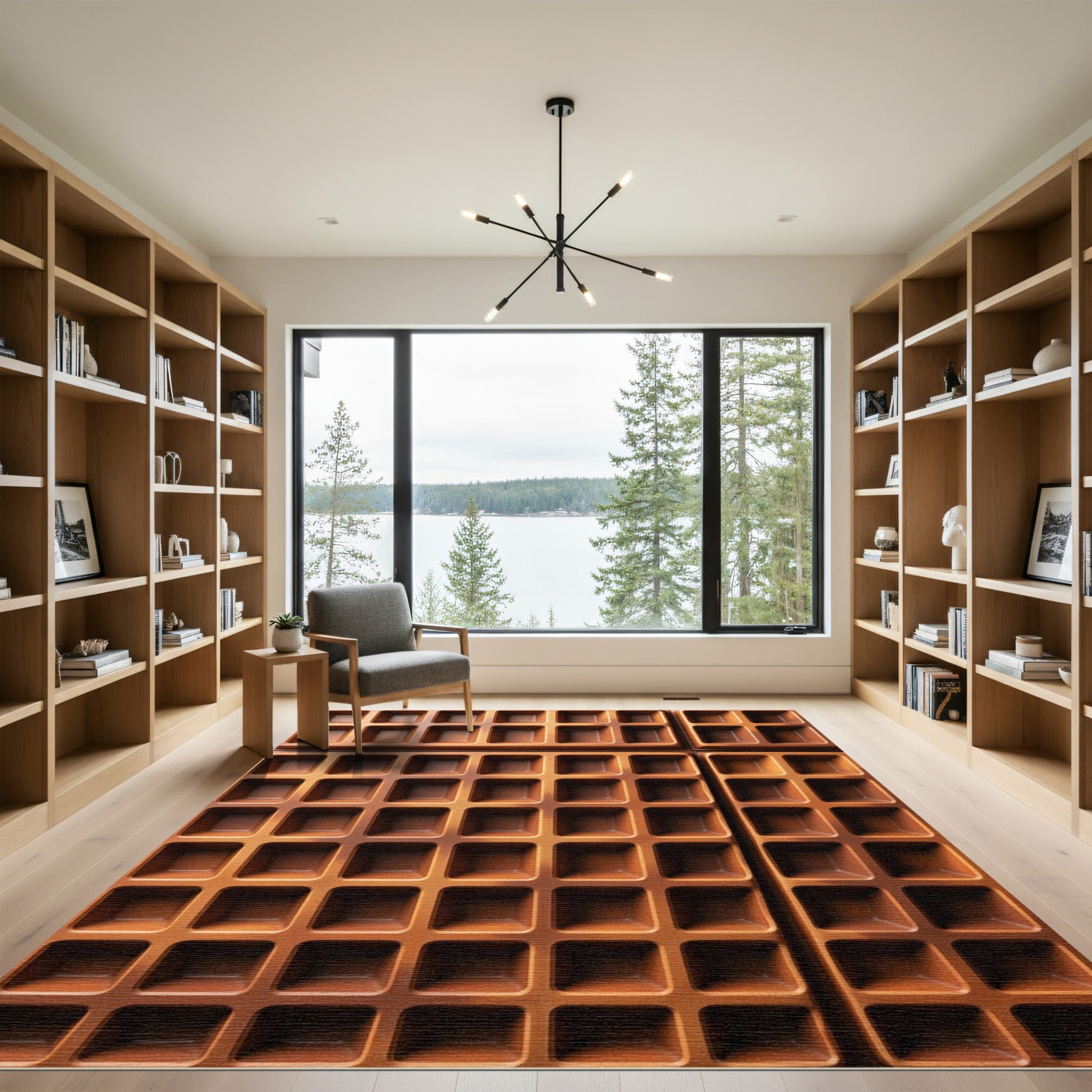 Terracotta Grid Textured Structured Square Rug
