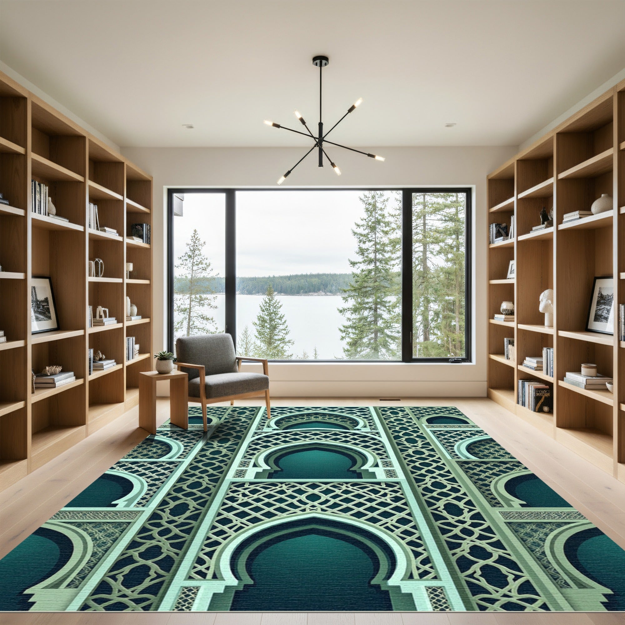 Elegant Teal Arched Geometric Lattice Rug