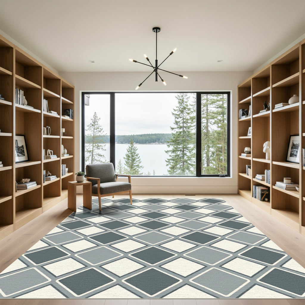 Modern Gray Diamond Grid Geometric Rug