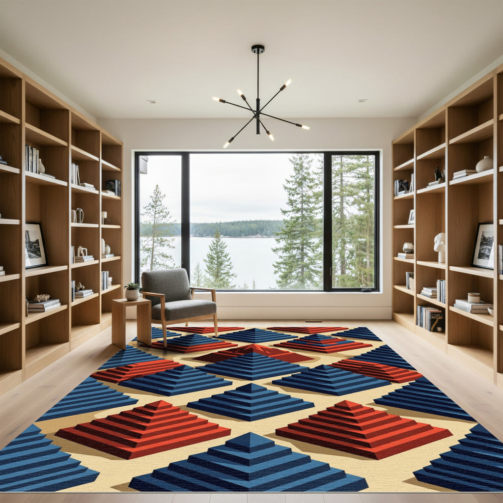 Geometric Blue and Crimson Pyramid Field Rug