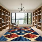 Geometric Blue and Crimson Pyramid Field Rug