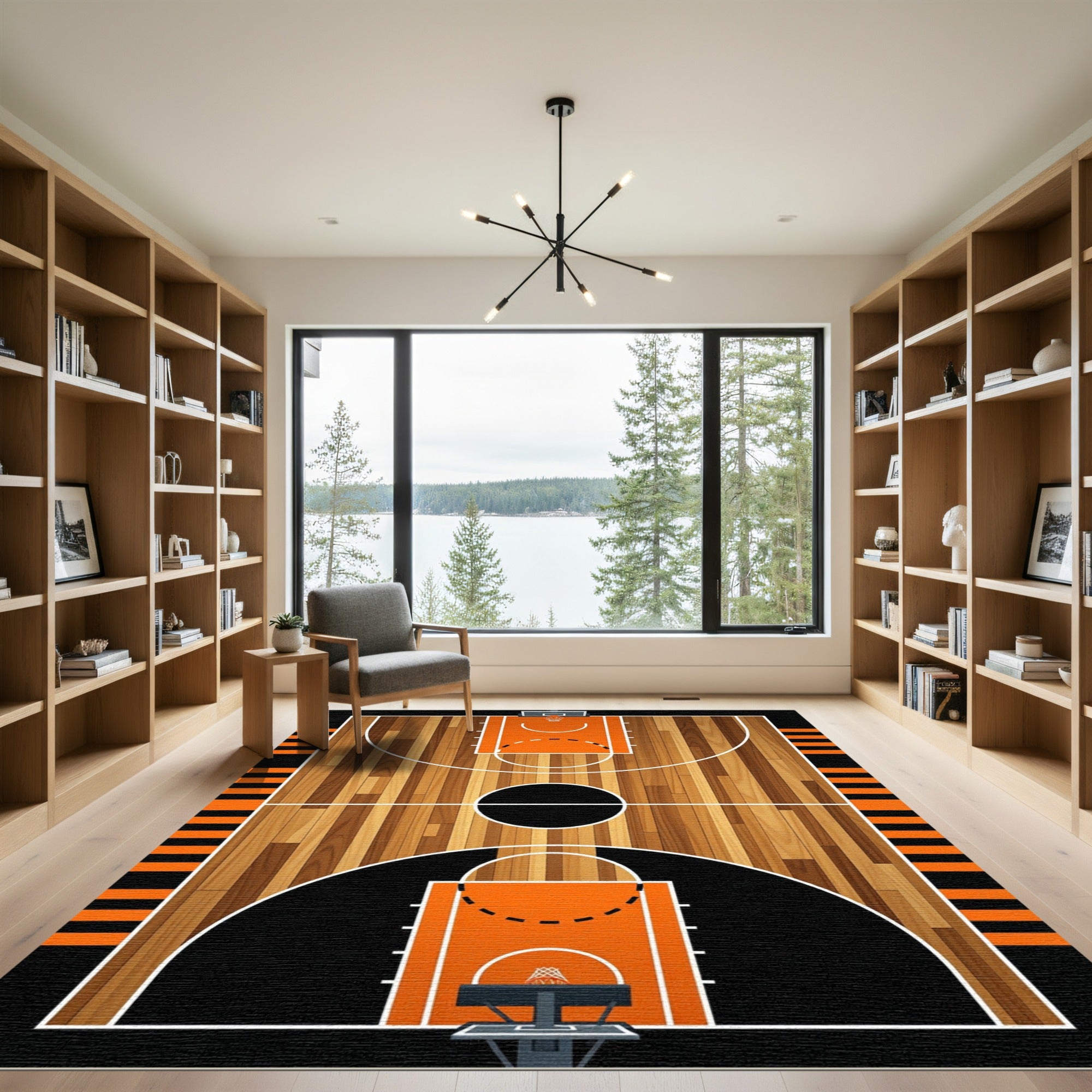 Modern Basketball Court Wood Floor Graphic Rug