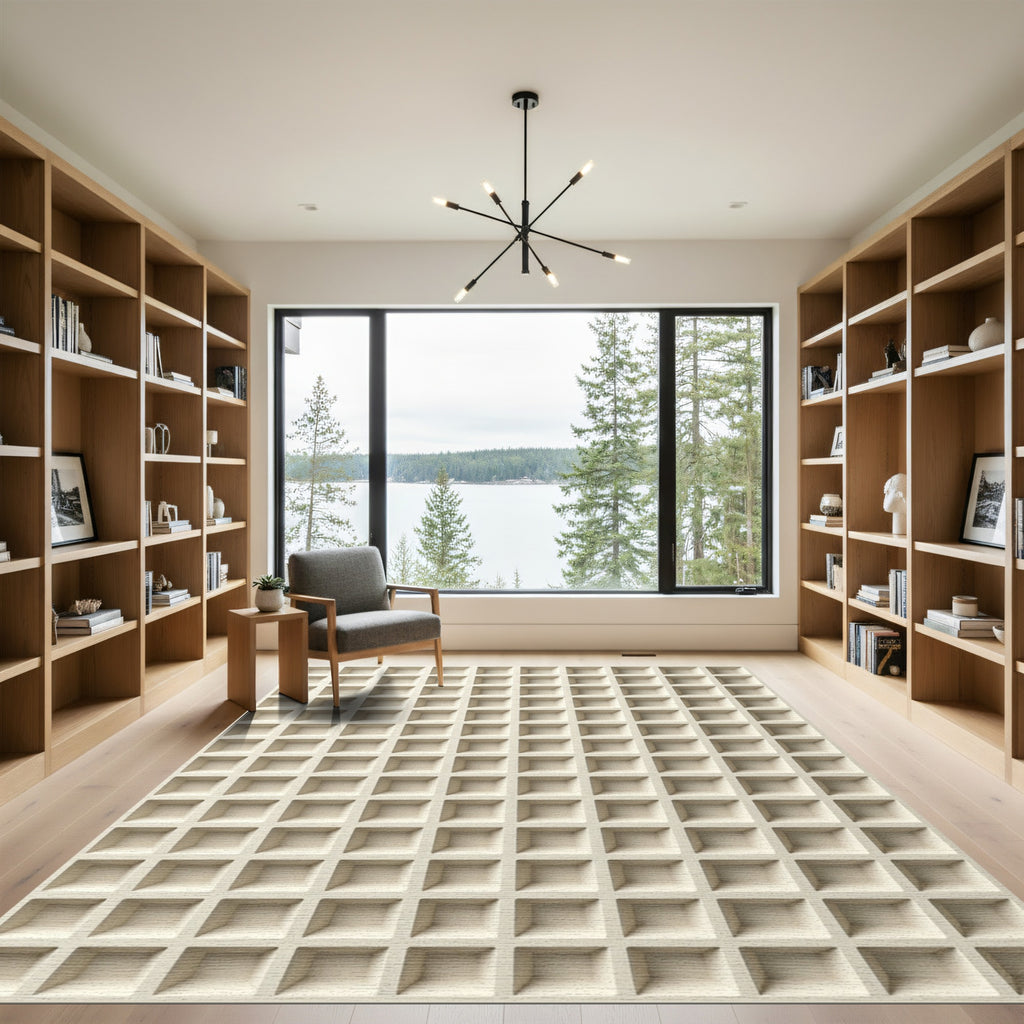 Cream Grid Architectural Geometric Rug