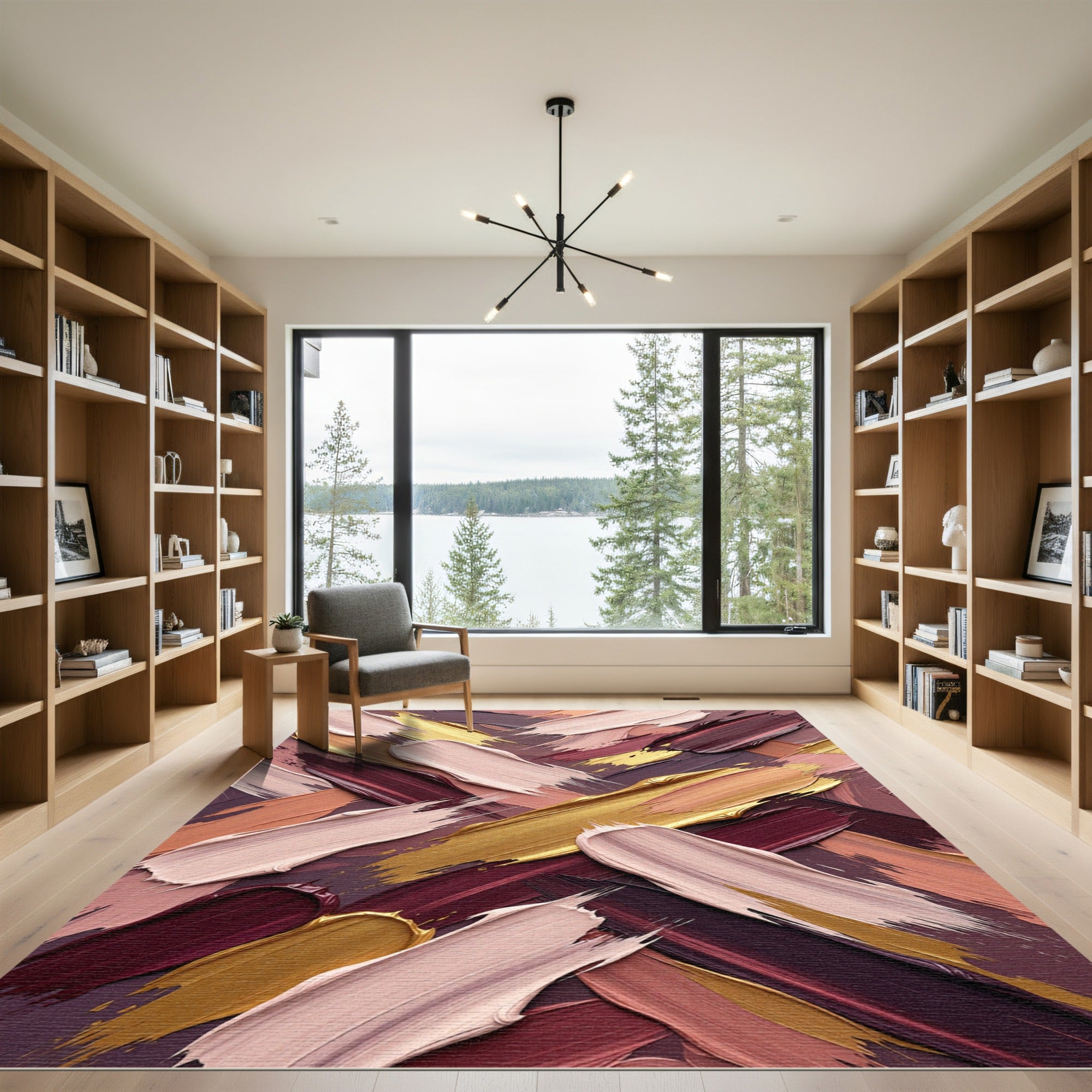 Rich Burgundy Gold Paint Strokes Rug