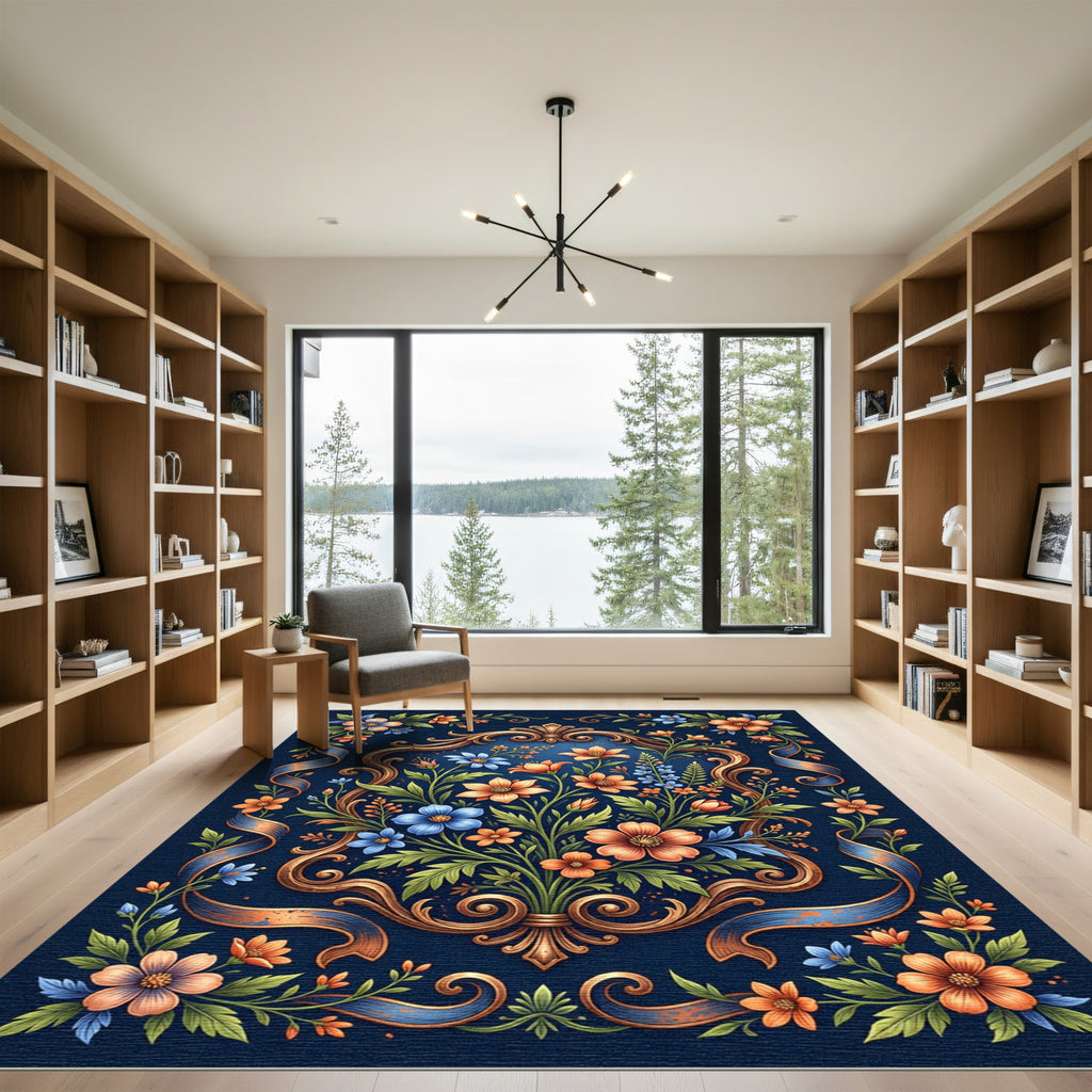Ornate Floral Medallion Blue Rug