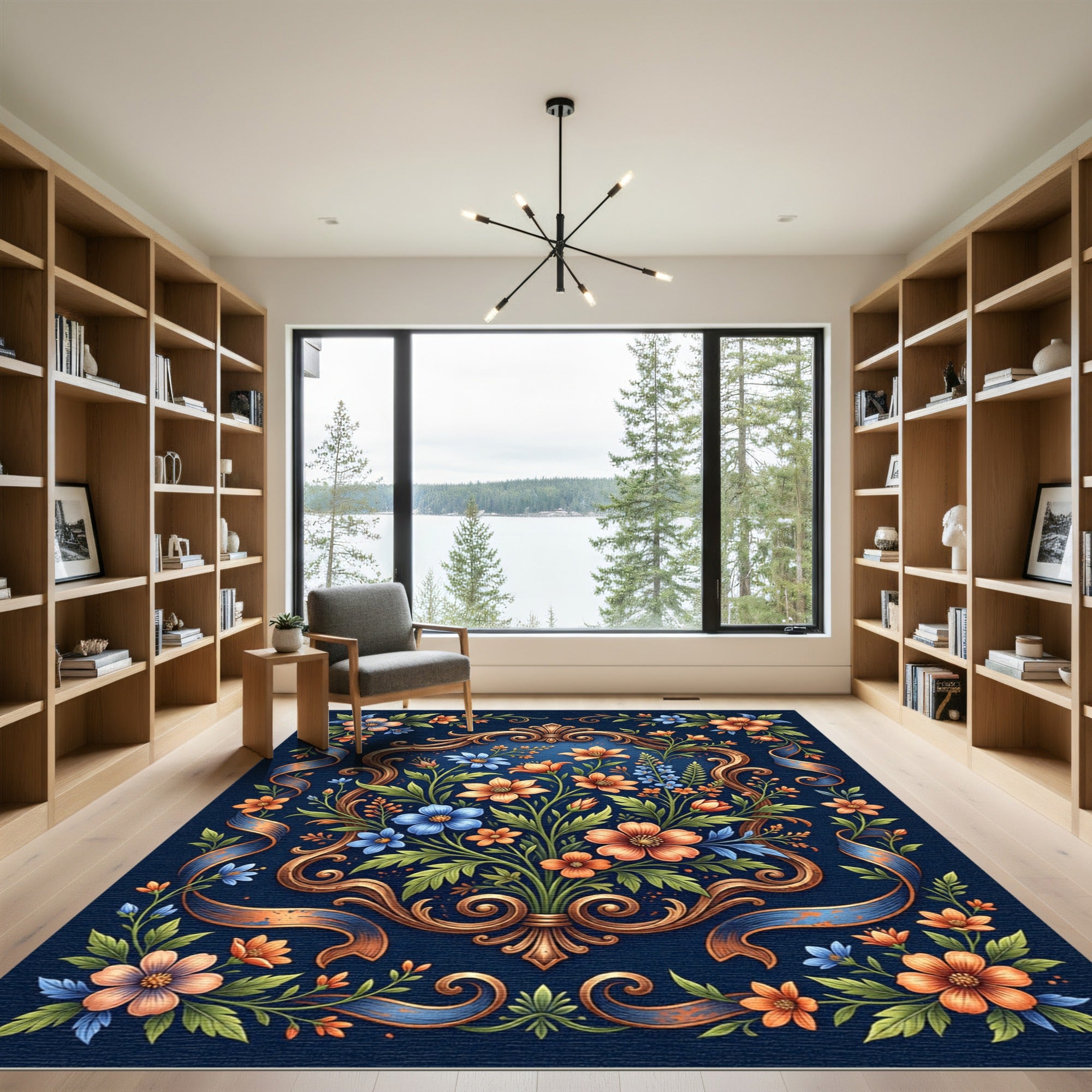 Ornate Floral Medallion Blue Rug