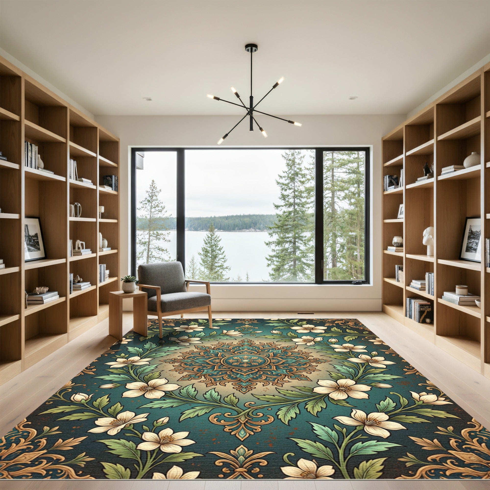 Floral Medallion Teal Gold Tapestry Rug