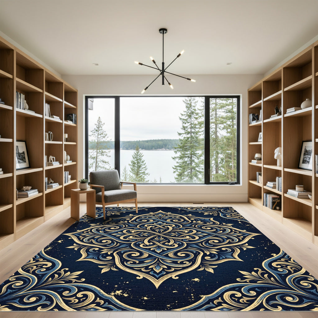 Elegant Navy Gold Baroque Floral Medallion Rug