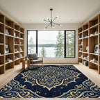 Elegant Navy Gold Baroque Floral Medallion Rug