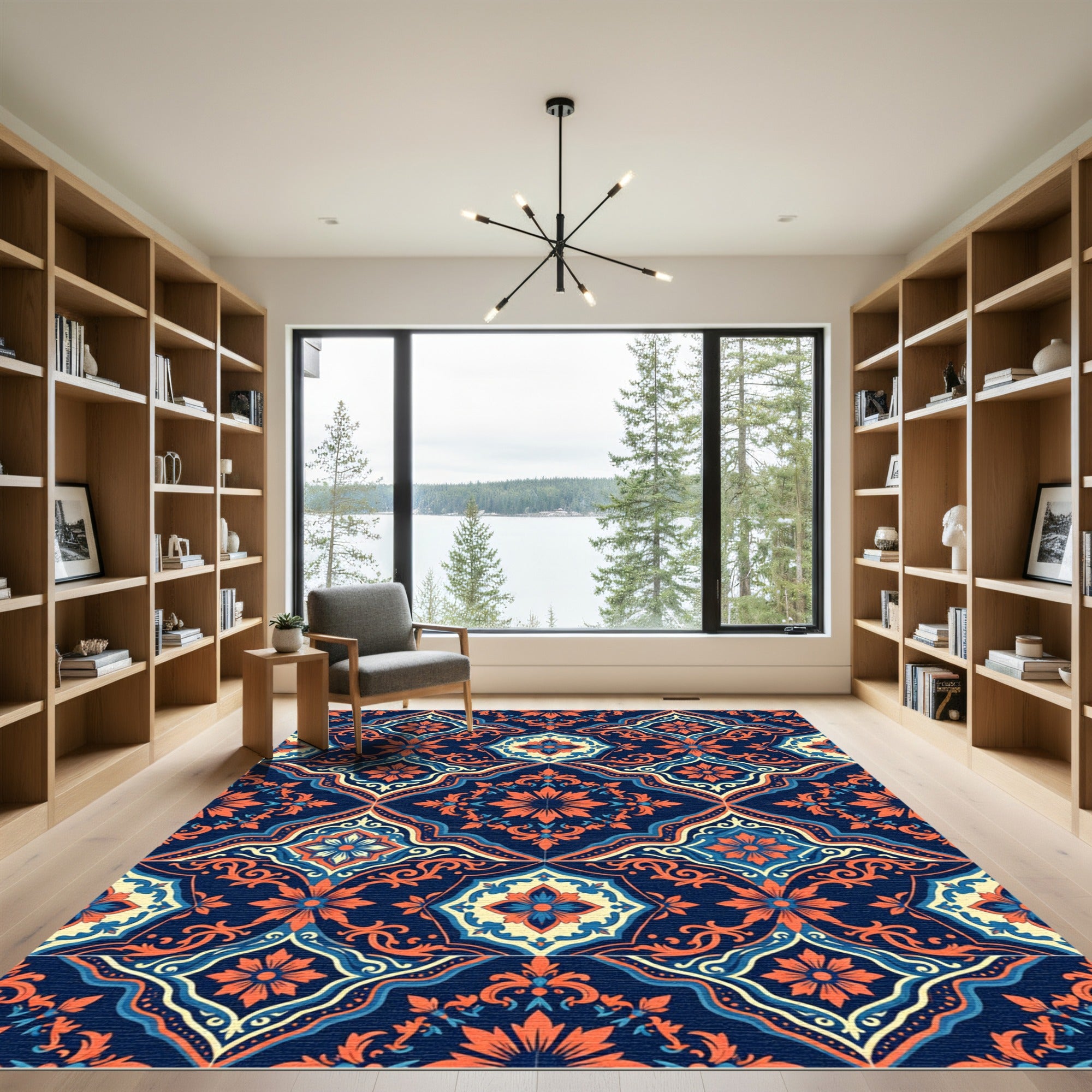 Ornate Navy Orange Damask Tile Rug