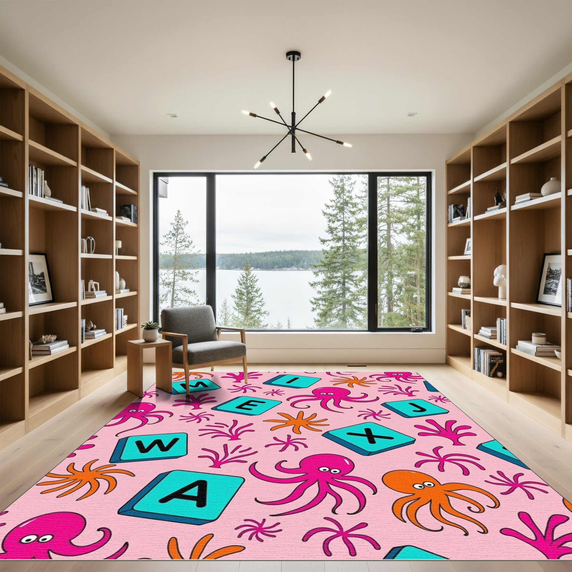 Pink Octopus Sea Coral Alphabet Tiles Rug