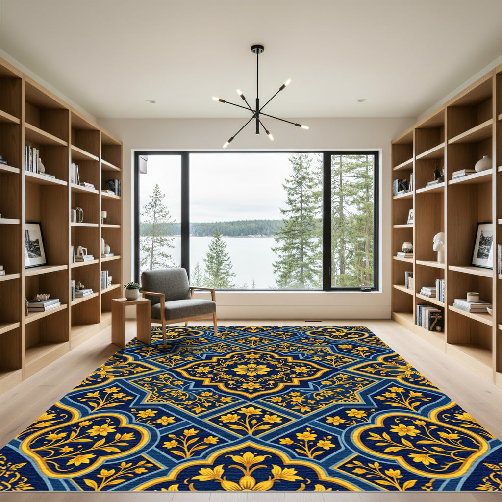 Deep Blue Golden Floral Geometric Arrangement Rug