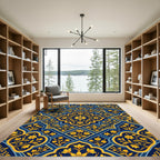 Deep Blue Golden Floral Geometric Arrangement Rug