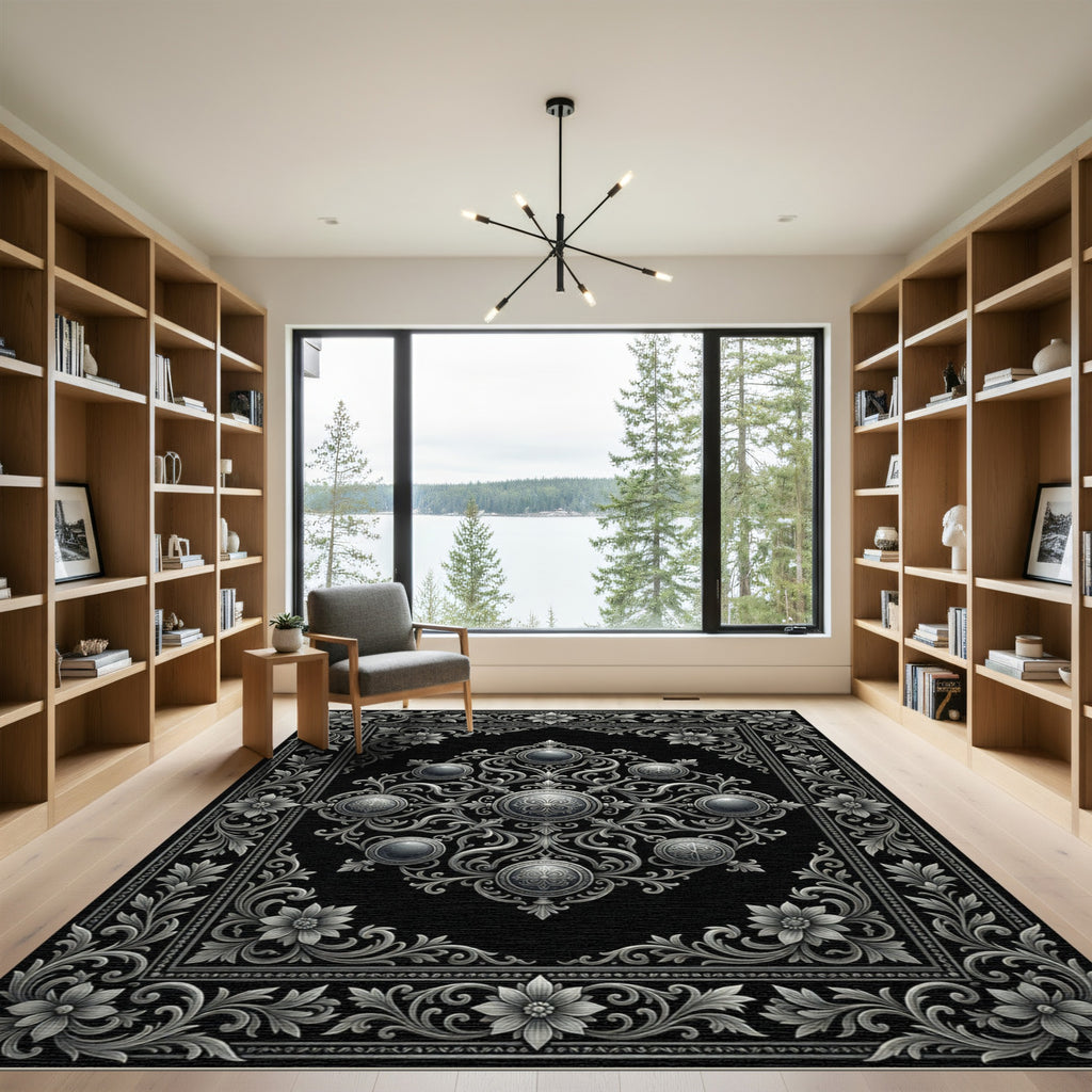 Sleek Gray Filigree Medallion Border Rug