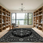 Sleek Gray Filigree Medallion Border Rug