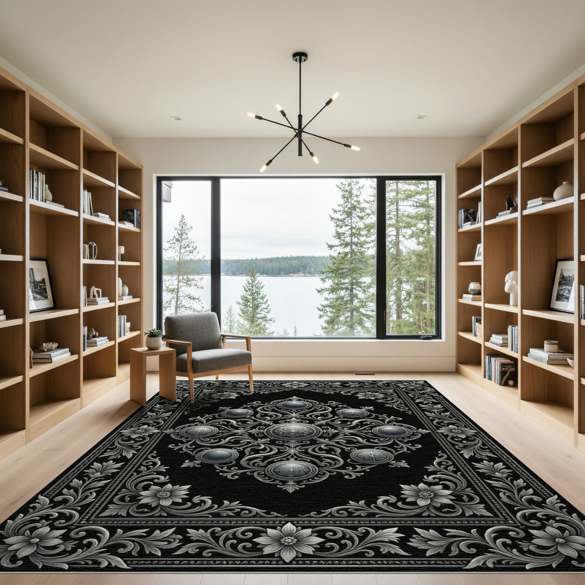 Sleek Gray Filigree Medallion Border Rug