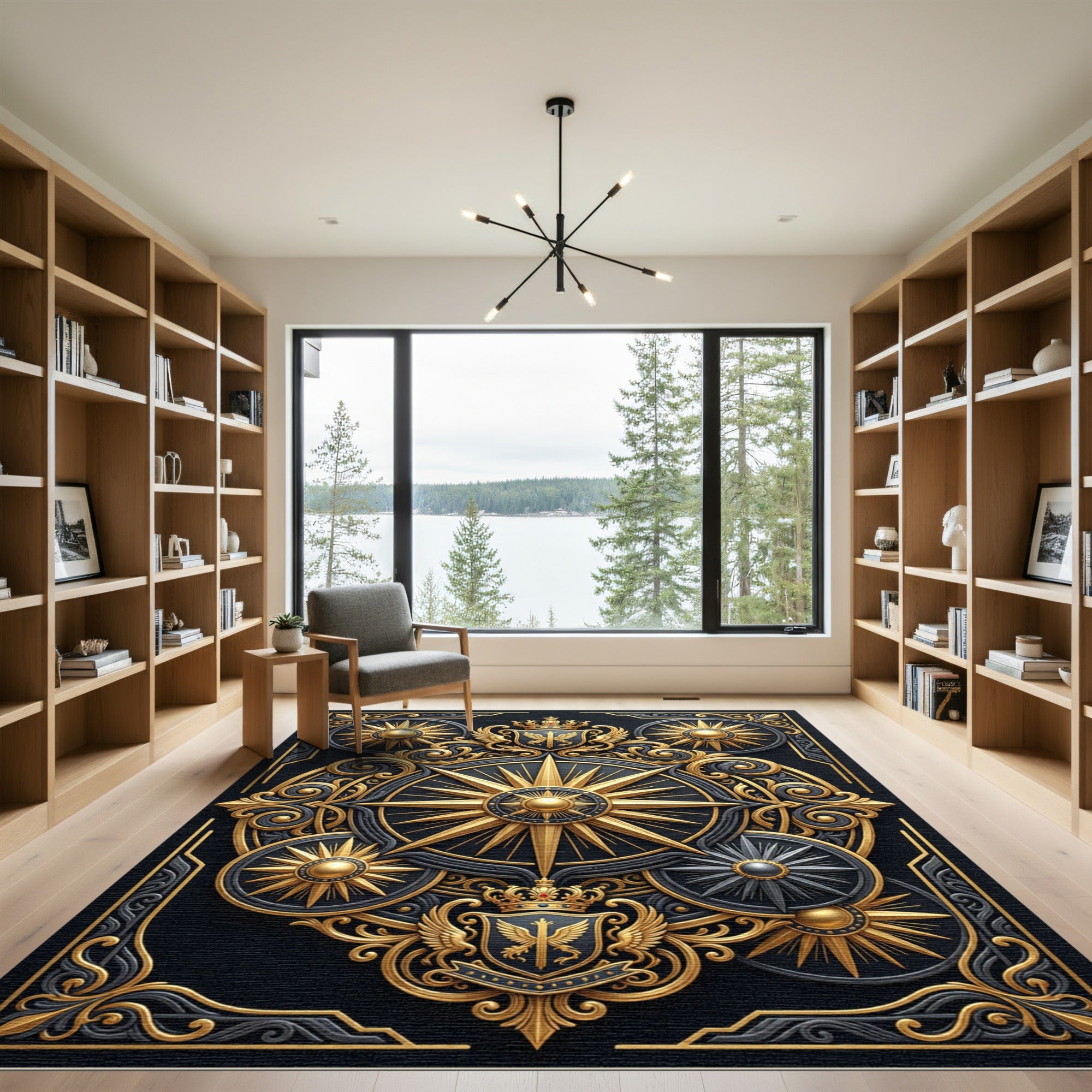Golden Celestial Emblem Baroque Black Rug